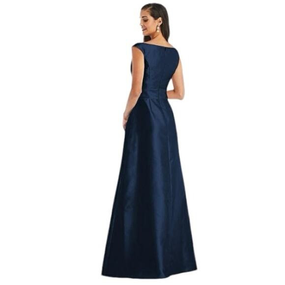 Alfred Sung Off The Shoulder Satin Navy Maxi Gown New Retails $239 - Picture 3 of 10
